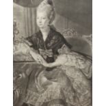 AFTER J. ZOFFANY. TWO ANTIQUE MEZZOTINT PORTRAIT PRINTS, GEORGE THE THIRD AND QUEEN CHARLOTTE BY
