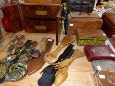 A VICTORIAN WALNUT CIGAR CABINET, A GEORGIAN TEA CADDY, OTHER HORSE BRASSES, JEWELLERY BOXES ETC.