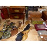 A VICTORIAN WALNUT CIGAR CABINET, A GEORGIAN TEA CADDY, OTHER HORSE BRASSES, JEWELLERY BOXES ETC.