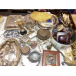 AN ARTS AND CRAFTS COPPER PLAQUE, VARIOUS SILVER PLATED WARES, CUTLERY ETC.