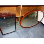 THREE VARIOUS MIRRORS, THE LARGEST OVAL IN LINE INLAID MAHOGANY FRAME. 95 x 62cms.