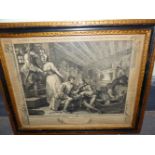 A GROUP OF SEVEN ANTIQUE COMIC/SATIRICAL PRINTS OF INTERIOR SCENES, SOME AFTER HOGARTH AND IN PERIOD