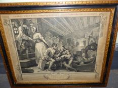 A GROUP OF SEVEN ANTIQUE COMIC/SATIRICAL PRINTS OF INTERIOR SCENES, SOME AFTER HOGARTH AND IN PERIOD