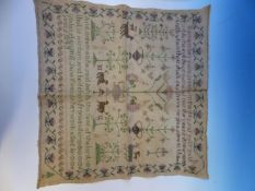 FOUR 19th C. SAMPLERS, VARIOUSLY WORKED WITH VERSES, THE ALPHABET, BIRDS, FLOWERS AND DOGS