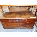 A 19th C. TEAK COFFER. W 93 x D 42 x H 40cms.