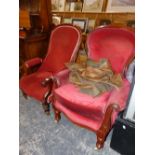 TWO VICTORIAN MAHOGANY SHOW FRAME ARMCHAIRS WITH RED UPHOLSTERED HOOP BACKS AND TURNED FRONT LEGS ON