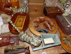 A PAIR OF CAT ORNAMENTS, VINTAGE BOXES AND OTHER TREEN ETC.