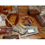 A PAIR OF CAT ORNAMENTS, VINTAGE BOXES AND OTHER TREEN ETC.