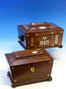 AN EARLY VICTORIAN MOTHER OF PEARL INLAID ROSEWOOD WORK BOX WITH A FITTED TRAY AND SOME LACE BOBBINS