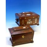 AN EARLY VICTORIAN MOTHER OF PEARL INLAID ROSEWOOD WORK BOX WITH A FITTED TRAY AND SOME LACE BOBBINS