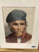 CHARLOTTE ISA JAMES (LATE 19th. C. ) PORTRAIT OF A YOUNG MAN, INITIALLED, WATERCOLOUR. 19 x 14cms