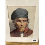 CHARLOTTE ISA JAMES (LATE 19th. C. ) PORTRAIT OF A YOUNG MAN, INITIALLED, WATERCOLOUR. 19 x 14cms