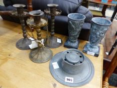 THREE IRON CANDLESTICKS, A CAPSTAN INKWELL AND A PAIR OF VASES.