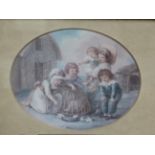 A GROUP OF SIX ANTIQUE AND LATER OVAL DECORATIVE PRINTS OF CHILDREN, SOME HAND COLOURED, SIZES