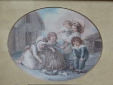 A GROUP OF SIX ANTIQUE AND LATER OVAL DECORATIVE PRINTS OF CHILDREN, SOME HAND COLOURED, SIZES