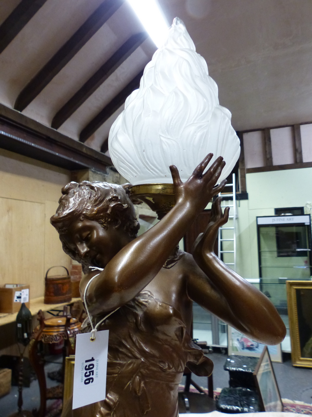 AN ELECTRIC LAMP WITH FLAME MOULDED GLASS SHADE HELD UP BY A SPELTER LADY WEARING A DIAPHONOUS DRESS - Image 7 of 14