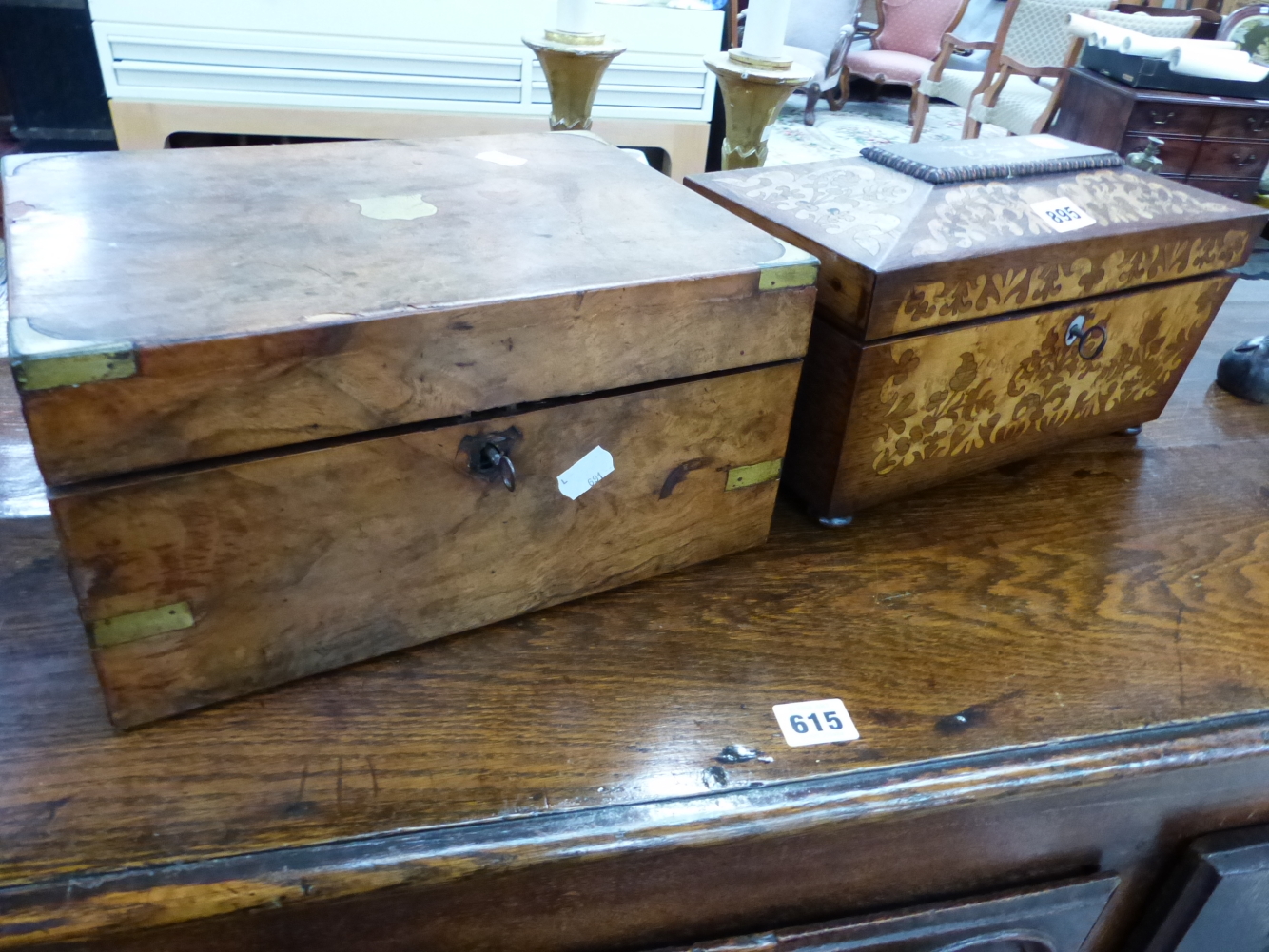 A REGENCY INLAID SARCOPHAGUS TEA CADDY, AND A WALNUT WRITING BOX.