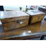 A REGENCY INLAID SARCOPHAGUS TEA CADDY, AND A WALNUT WRITING BOX.