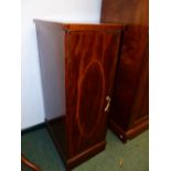 A 20th C. LINE INLAID MAHOGANY CABINET, THE DOOR ENCLOSING SHELVES. W 39 x D 56 x H108cms.