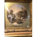 19th.C. ENGLISH SCHOOL. A RIVER LANDSCAPE, WATERCOLOUR IN CIRCULAR SHAPED MOUNT. D. 43cms