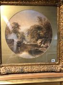 19th.C. ENGLISH SCHOOL. A RIVER LANDSCAPE, WATERCOLOUR IN CIRCULAR SHAPED MOUNT. D. 43cms