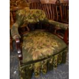 A VICTORIAN MAHOGANY TUB ARM CHAIR WITH UPHOLSTERED ARMS AND TOP RAIL