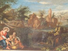 OLD MASTER SCHOOL. THE MADONNA AND CHILD WITH OTHER FIGURES IN A CAPRICCIO LANDSCAPE, OIL ON CANVAS.