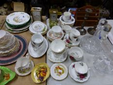 AYNSLEY PIN DISH, VARIOUS TEA WARES, DECANTERS, EUROPEAN BANK NOTES, ETC.