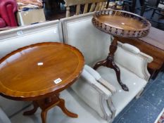 A GALLERIED MAHOGANY TRIPOD TABLE TOGETHER WITH A MODERN MAHOGANY WINE TABLE ON COLUMN AND FOUR