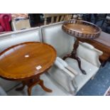 A GALLERIED MAHOGANY TRIPOD TABLE TOGETHER WITH A MODERN MAHOGANY WINE TABLE ON COLUMN AND FOUR