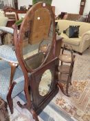 A 19th C. OVAL CHEVAL FULL LENGTH DRESSING MIRROR IN A MAHOGANY FRAME, A QUATREFOIL MIRROR IN AN OAK