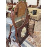 A 19th C. OVAL CHEVAL FULL LENGTH DRESSING MIRROR IN A MAHOGANY FRAME, A QUATREFOIL MIRROR IN AN OAK