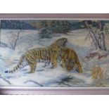 JOHN C. WARDLE (B.1907- ) ARR. SIBERIAN TIGERS, SIGNED, OIL ON CANVAS. 76 x 128cms