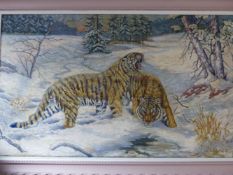 JOHN C. WARDLE (B.1907- ) ARR. SIBERIAN TIGERS, SIGNED, OIL ON CANVAS. 76 x 128cms