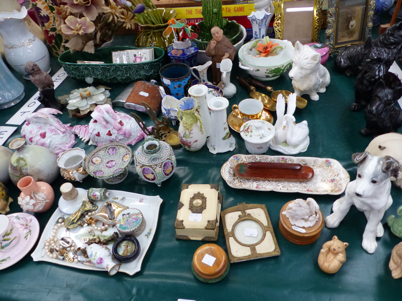 VARIOUS ORNAMENTAL CHINAWARES, FIGURINES, BRASS PICTURE FRAMES, ETC.