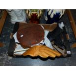 A PAIR OF VINTAGE ICE SKATE BOOTS, A SEWING BASKET, WHIP ETC.