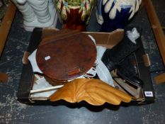 A PAIR OF VINTAGE ICE SKATE BOOTS, A SEWING BASKET, WHIP ETC.