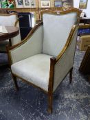 A PAIR OF EDWARDIAN LINE INLAID MAHOGANY SHOW FRAME ARMCHAIRS UPHOLSTERED IN PALE BLUE DAMASK