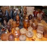 A QUANTITY OF AFRICAN AND OTHER CARVED FIGURES, BOXES ETC.