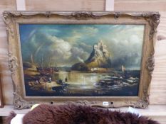 A DECORATIVE OIL PAINTING OF A COASTAL SCENE WITH FISHERFOLK, SWEPT GILT FRAME. 46 x 71cms