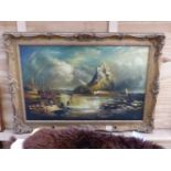 A DECORATIVE OIL PAINTING OF A COASTAL SCENE WITH FISHERFOLK, SWEPT GILT FRAME. 46 x 71cms