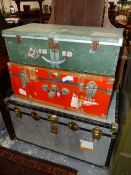 TWO METAL TRUNKS TOGETHER WITH AN ALUMINIUM SUITCASE