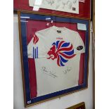 A ROWING SHIRT BY STEVE REDGRAVE AND MATTHEW PINCETT AFTER REDGRAVE WON HIS 5TH CONSECUTIVE GOLD