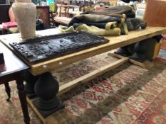 AN IMPRESSIVE LARGE PINE REFECTORY TABLE. W 250 X D 98 X H 77cms.