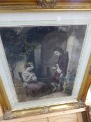 A VINTAGE HAND COLOURED PRINT OF A COURTING COUPLE SWEPT GILT FRAME 63 x 48cms.