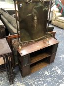 AN ARTS AND CRAFTS OAK SMALL BOOKCASE WITH COPPER INSET PANELS, A NEST OF TABLES, TWO FIRE