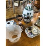 A PAIR OF HAND PAINTED LARGE GOBLETS, A MATCHING BOWL, DELFT DISHES, A CHINESE VASE, AND OTHER CHINA