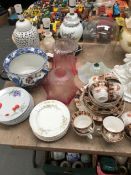 PART WASHING SETS, PLANTERS, TEA WARES, FOUR GLASS SHADES, THREE TABLE LAMPS AND A MASONS CHAMBER