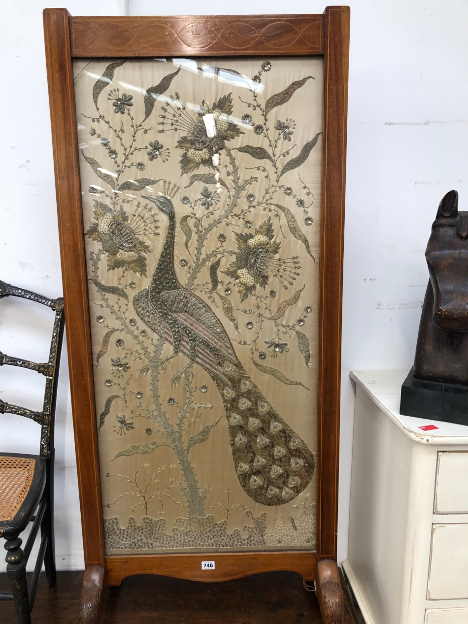 AN IMPRESSIVE EARLY 20th C. INLAID MAHOGANY FRAMED EASTERN METAL THREAD PANEL.