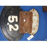 A NER IRON BRIDGE PLATE NO: 152 TOGETHER WITH A LMS IRON MARKER PLATE NO:52 AND ANOTHER FOR